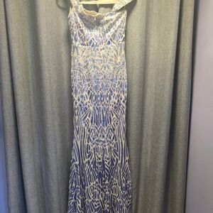 Chic One Shoulder Blue and Cream Dress